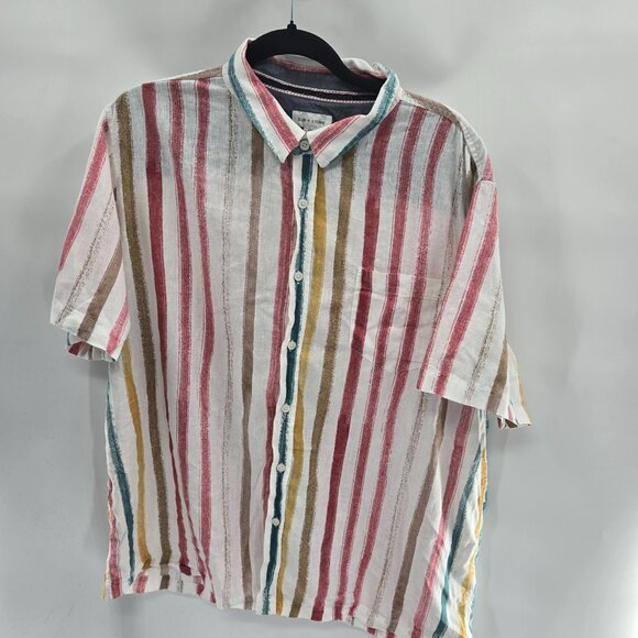 Sun+Stone Men"s Cotton Linen Blend White Vertical Stripes Button Down Shirt XXL - Picture 1 of 9